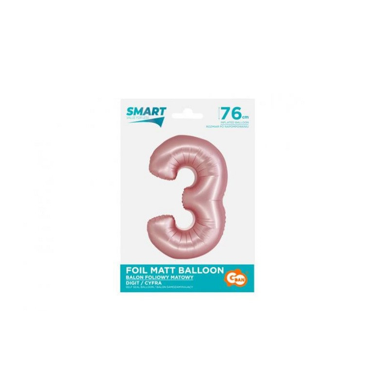 Balon fol Smart Cyfra3 j.róż mat76cm CH-SJR3 59073