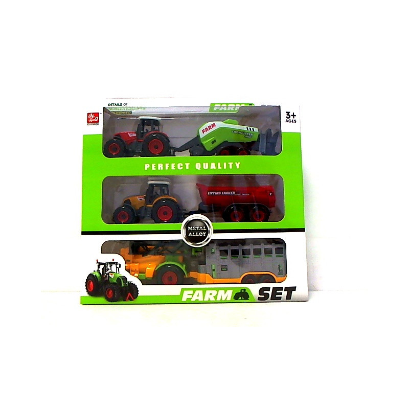 Trzy traktory z przyczepami w pudełku 1094025