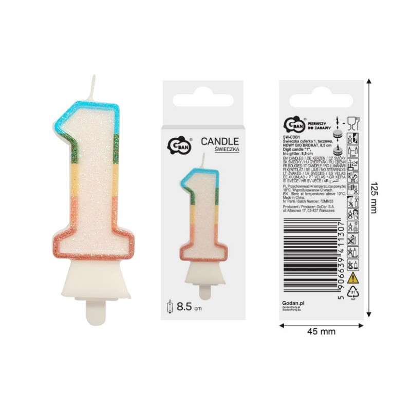 Świeczka cyferka1 tęczowa bio brok.SW-CBB1 11307