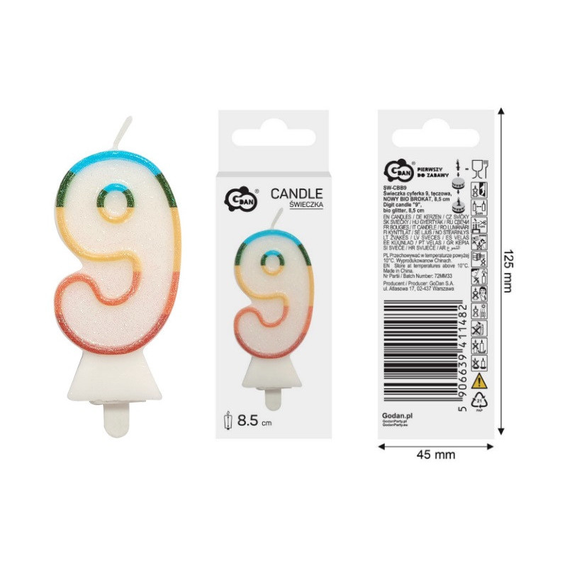 Świeczka cyferka9 tęczowa bio brok.SW-CBB9 11482