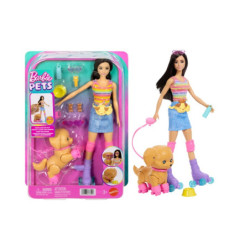 Barbie lalka brunetka i piesek na wrotkach JMJ45 4