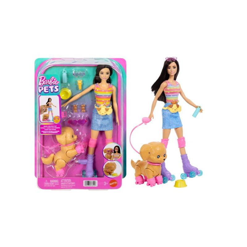 Barbie lalka brunetka i piesek na wrotkach JMJ45 4