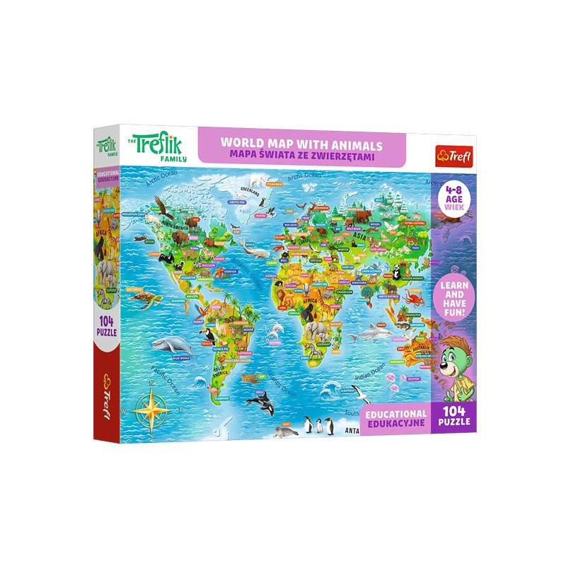 PUZZLE Edu 104 Mapa świata ze zwierzętami 15601